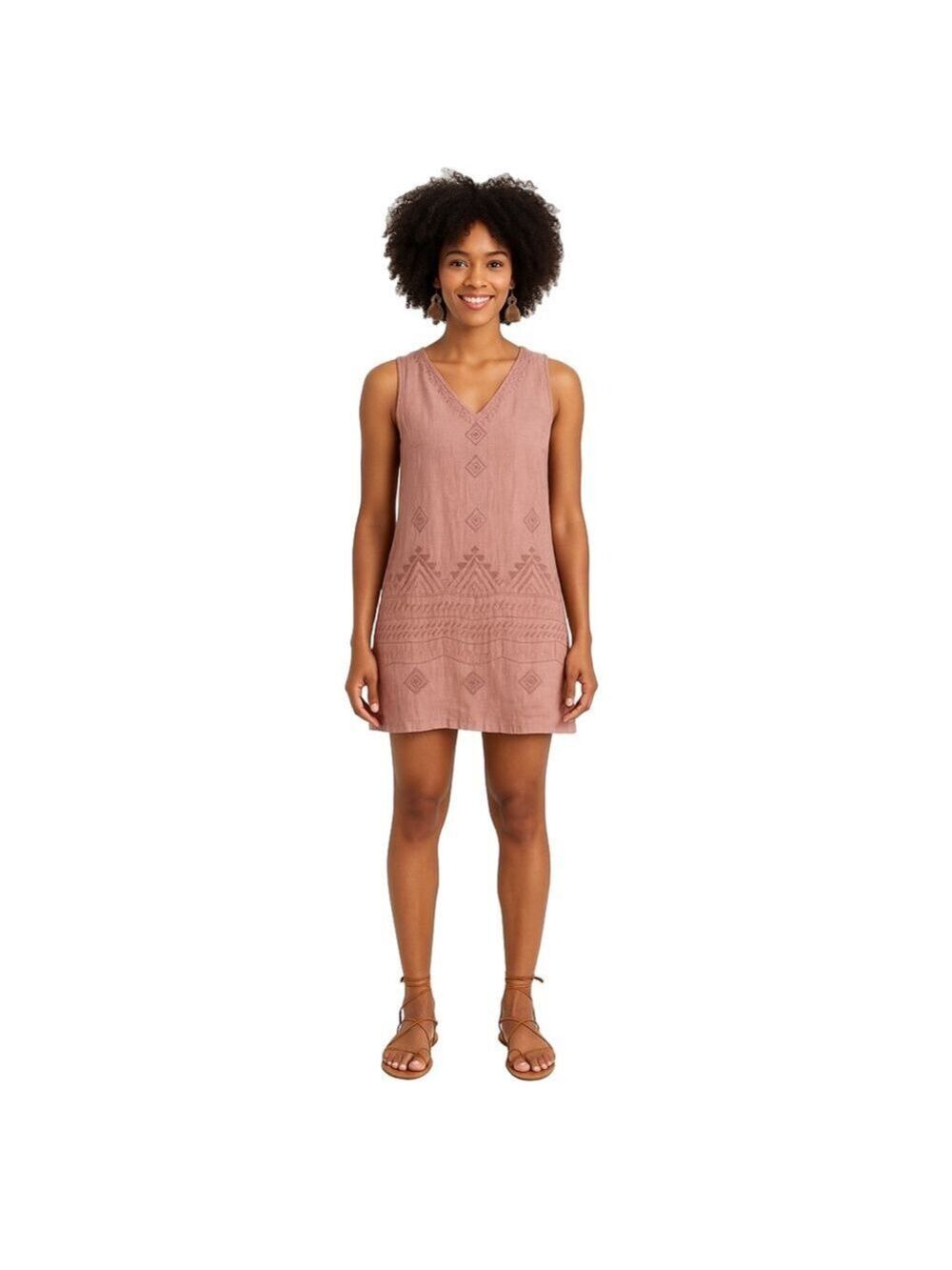 Artisan NY 100% Linen Embroidered Sleeveless Tunic Dress Dusty Rose Pink Size M